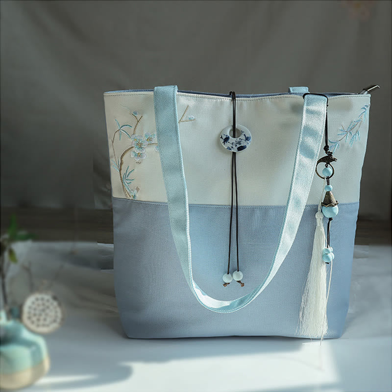 Pear Flower Plum Peach Blossom Bamboo Embroidery Canvas Large Capacity Shoulder Bag Tote Bag - Image 8