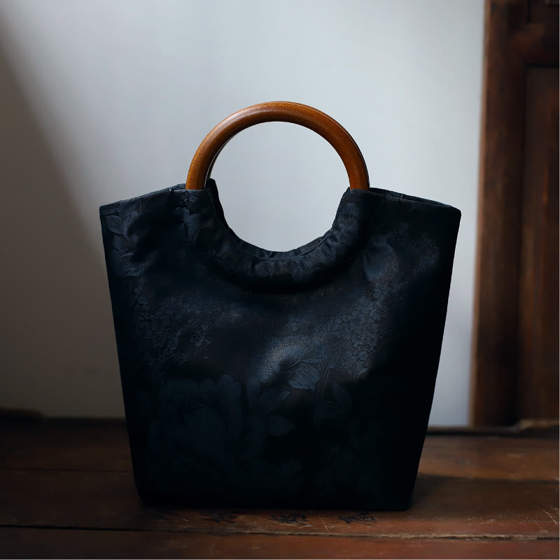 Peony Flower Bamboo Leaves Bird Solid Wood Handle Handbag - Image 16