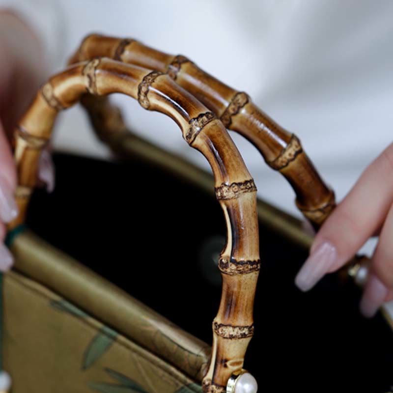 Yellow Green Bamboo Leaves Bamboo Handles Handbag - Image 4