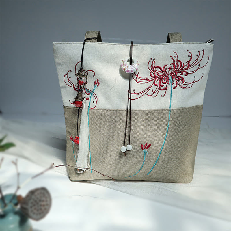 Pear Flower Plum Peach Blossom Bamboo Embroidery Canvas Large Capacity Shoulder Bag Tote Bag - Image 43