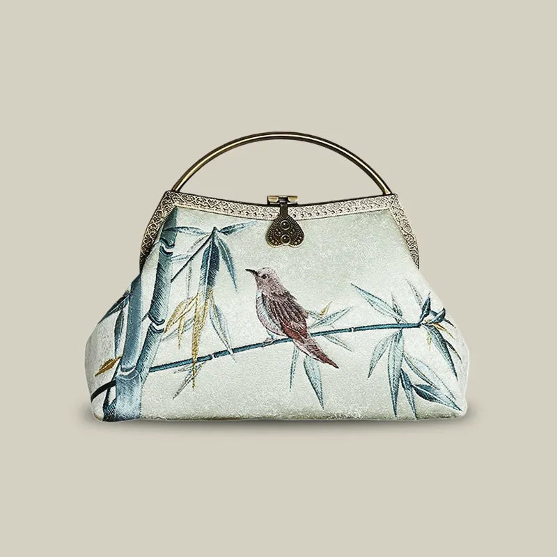 Magpie and Bamboo Leaf Embroidered Handbag with Metal Handle - Image 3