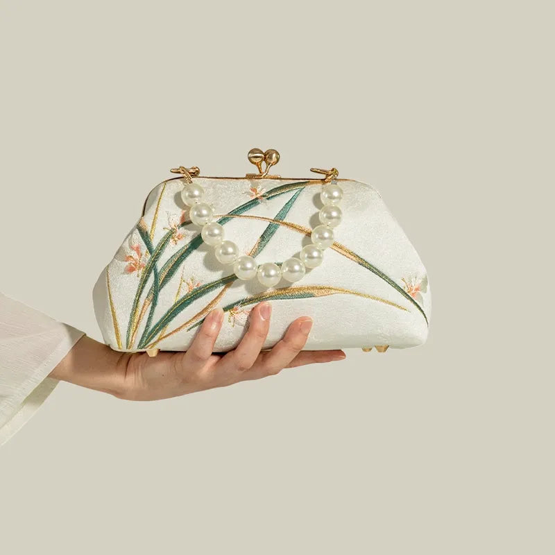 Orchid Bloom Embroidered Kiss-Lock Handbag with Pearl Handle - Image 13