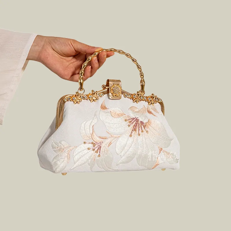 Lily Embroidered Pearl Chain Handbag with Metal Handle - Image 2