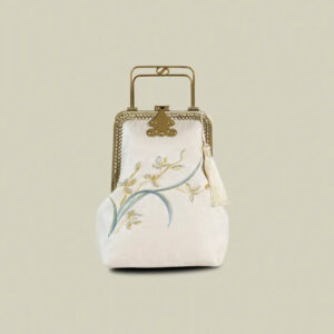 Orchid Embroidered Vintage White Evening Bag With Metal Handle