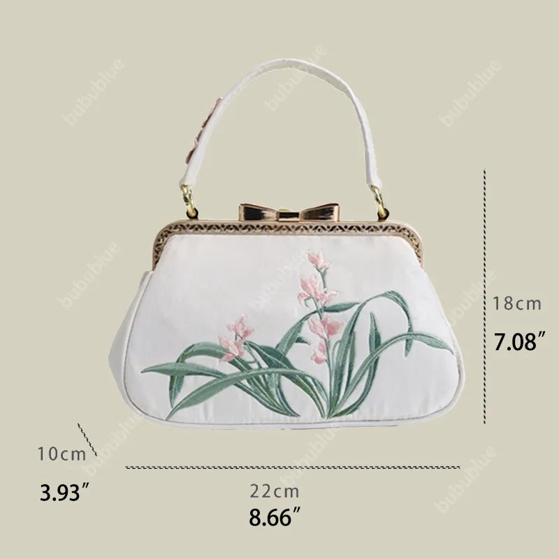 Vintage Orchid Embroidered Handbag with Metal Butterfly Lock - Image 4