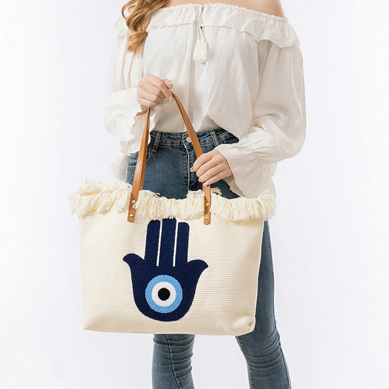 Large Capacity Evil Eye Leaf Hamsa Tassel Canvas Tote Shoulder Bag - Image 21