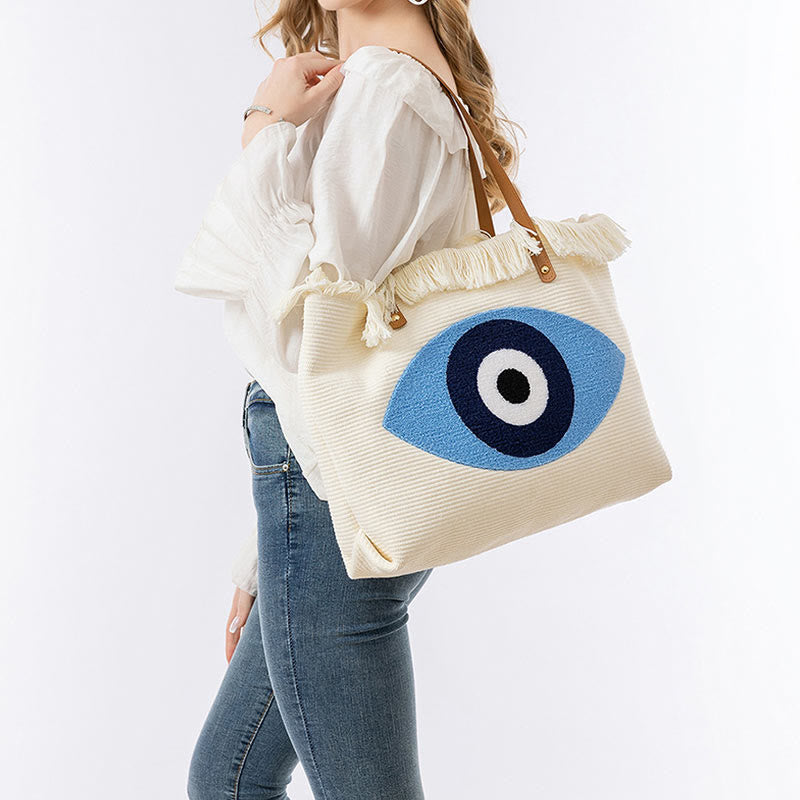 Large Capacity Evil Eye Leaf Hamsa Tassel Canvas Tote Shoulder Bag - Image 10