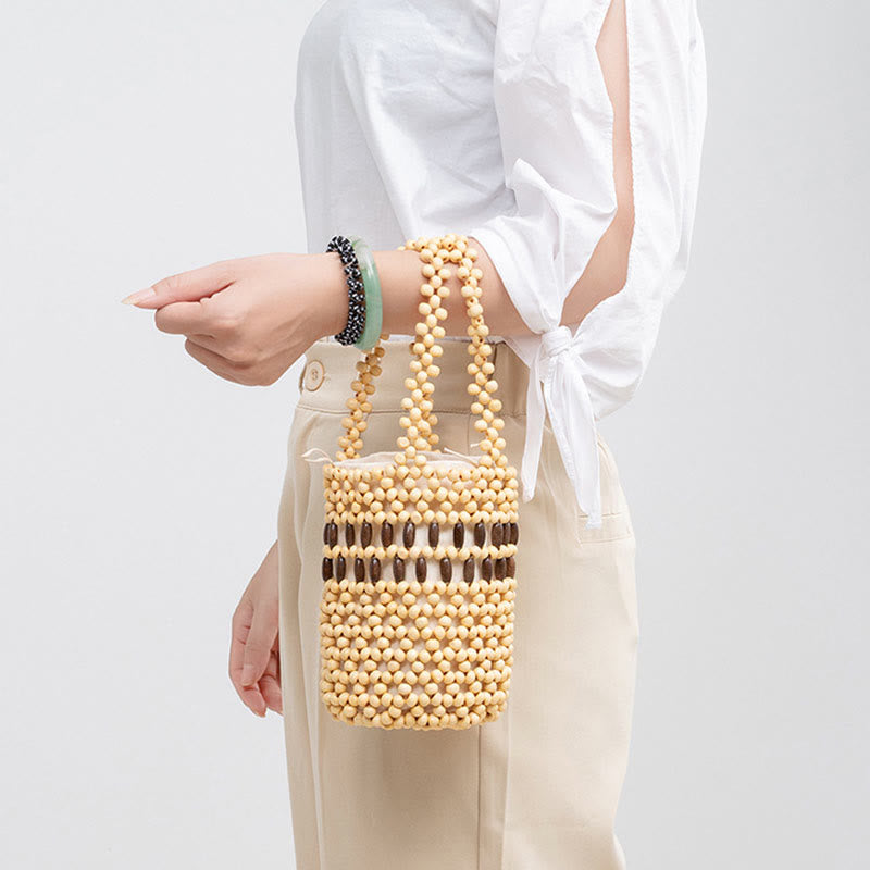 Hand-woven Bucket Portable Wooden Beads Handbag - Image 15