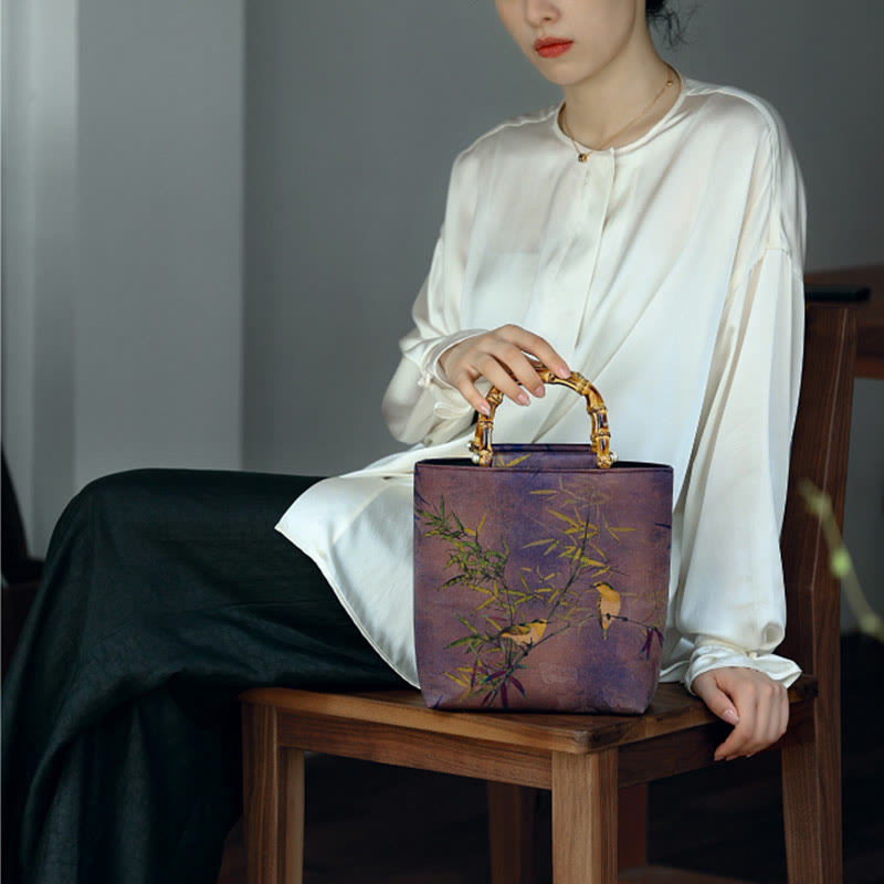 Purple Magpie Birds Branches Bamboo Handles Handbag - Image 18