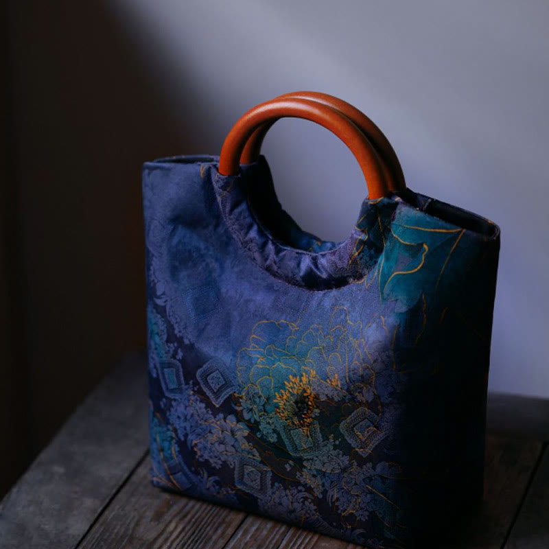 Peony Flower Bamboo Leaves Bird Solid Wood Handle Handbag - Image 6