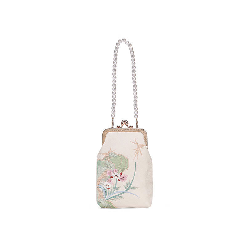 Mountain Stone Orchid Pattern Pearl Chain Crossbody Bag Handbag - Image 5