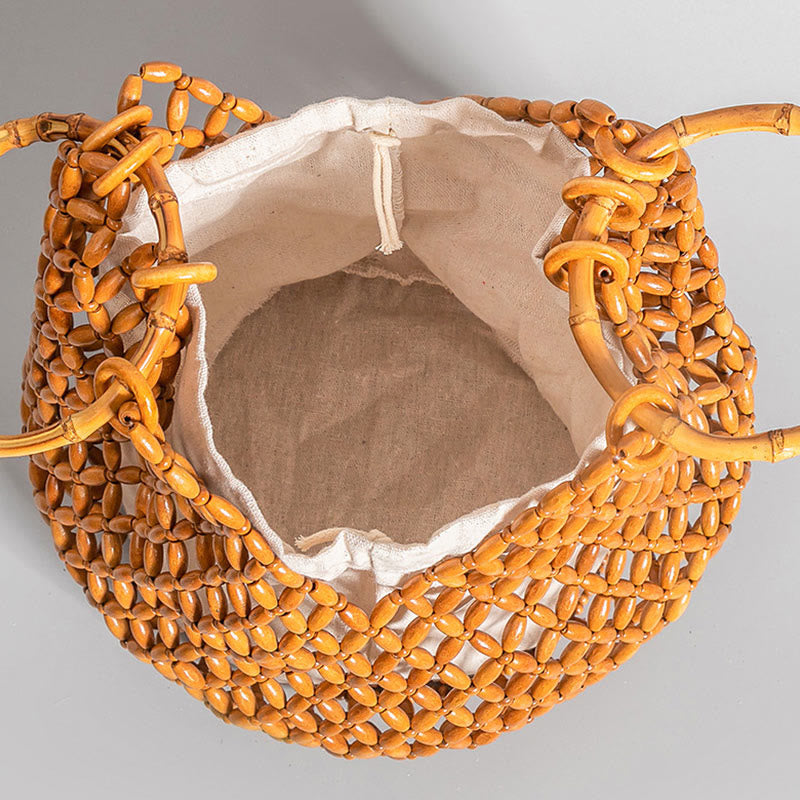 Hand-woven Wooden Beads Bamboo Handle Shoulder Bag Handbag - Image 12