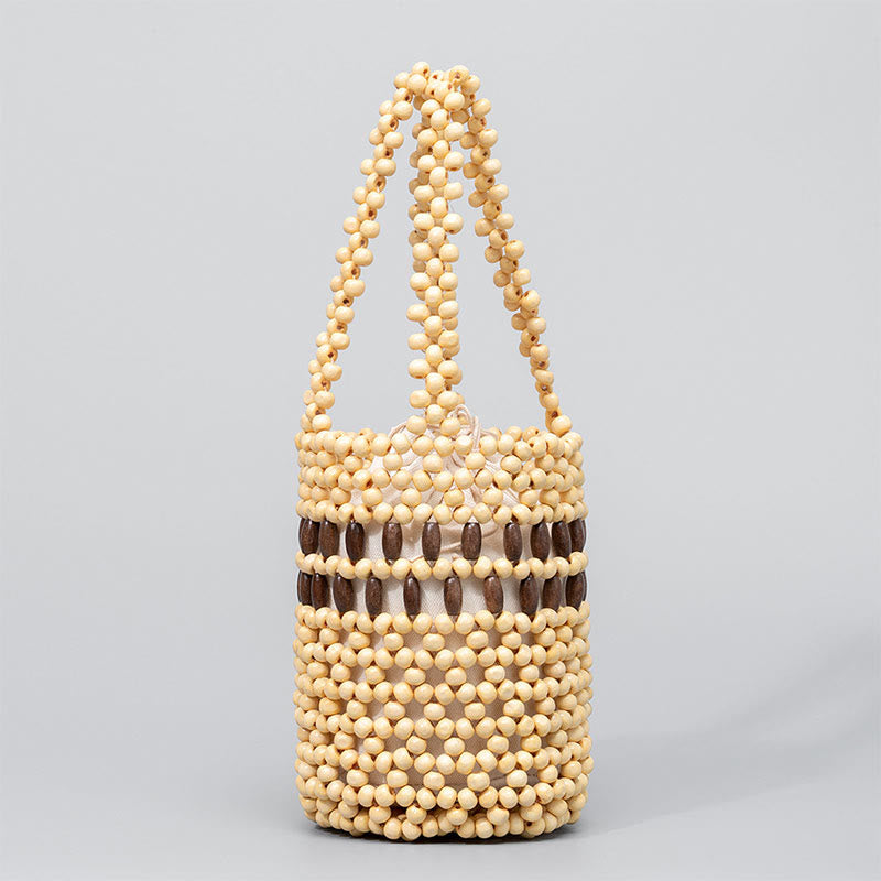 Hand-woven Bucket Portable Wooden Beads Handbag - Image 8