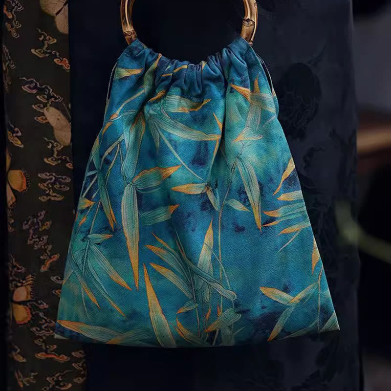 Blue Green Bamboo Leaves Bamboo Handles Handbag - Image 7