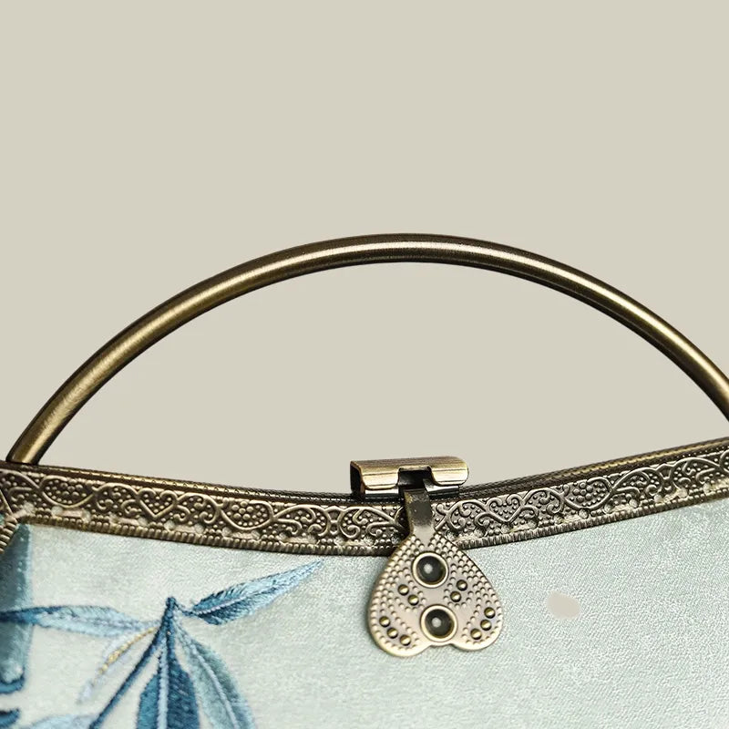 Magpie and Bamboo Leaf Embroidered Handbag with Metal Handle - Image 7