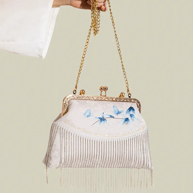 Butterfly Embroidered Tassel White Evening Bag - Image 3