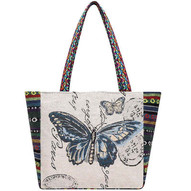 Elephant Butterfly Embroidered Large Capacity Canvas Tote Bag Shoulder Bag - Image 21