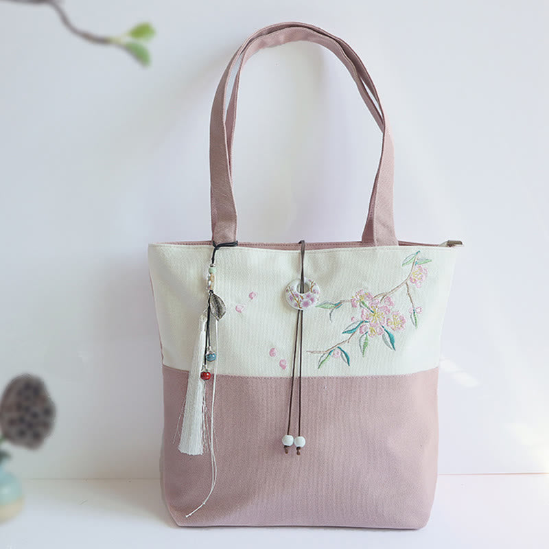 Pear Flower Plum Peach Blossom Bamboo Embroidery Canvas Large Capacity Shoulder Bag Tote Bag - Image 33
