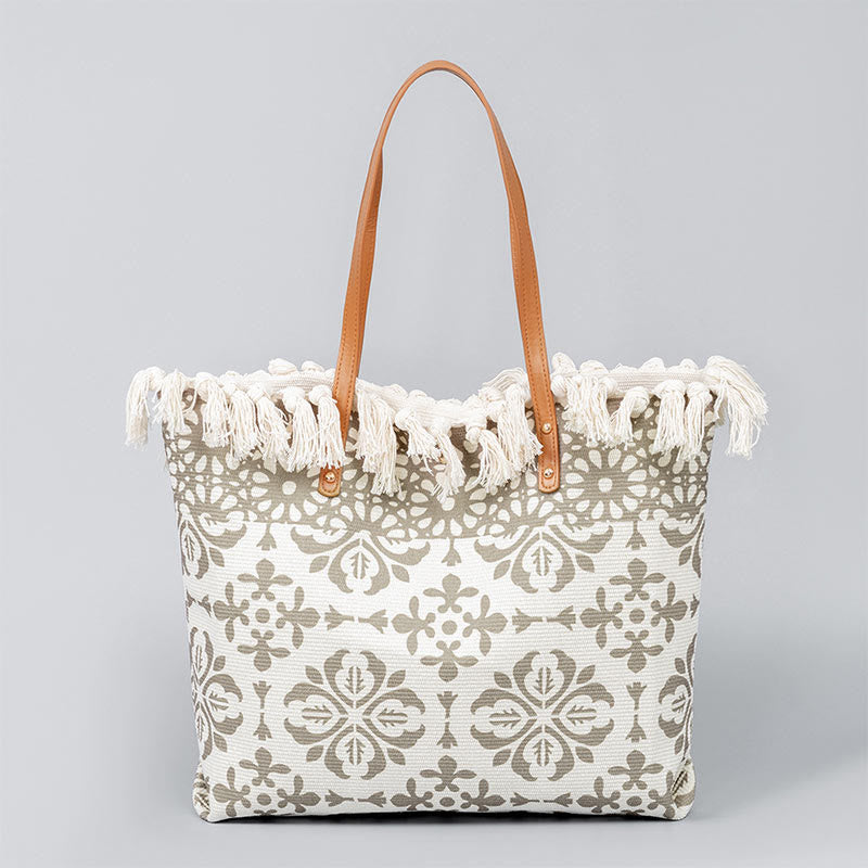 Large Capacity Boho Geometry Print Tassel Canvas Tote Shoulder Bag - Image 8