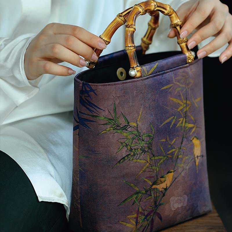 Purple Magpie Birds Branches Bamboo Handles Handbag - Image 8