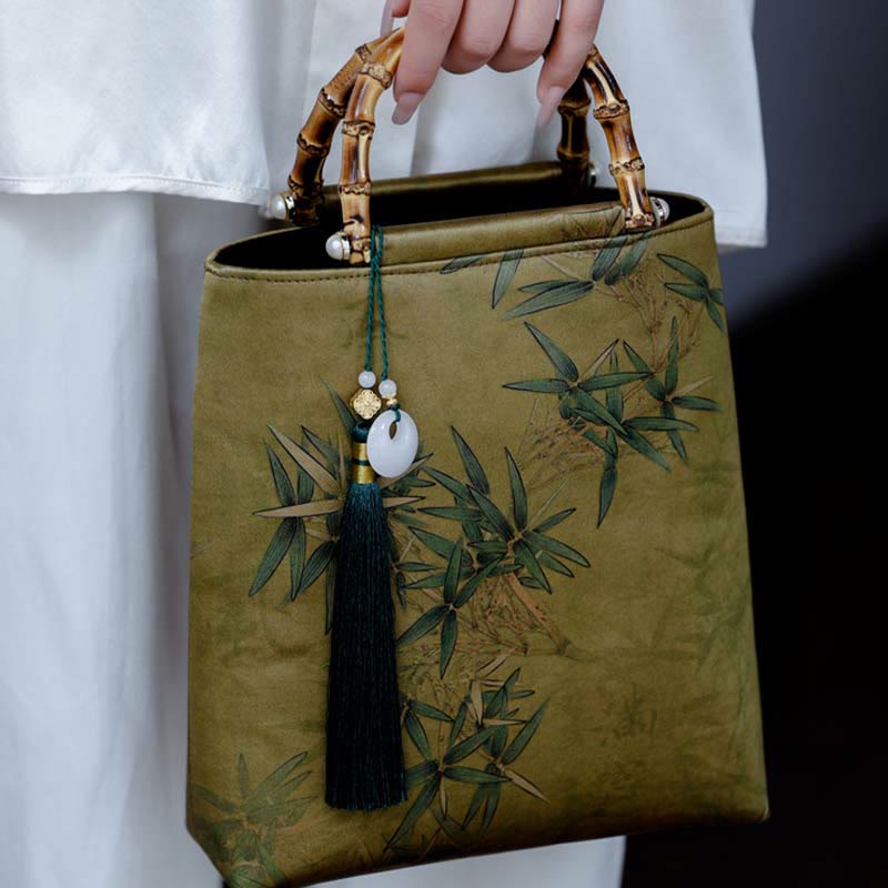Yellow Green Bamboo Leaves Bamboo Handles Handbag - Image 8