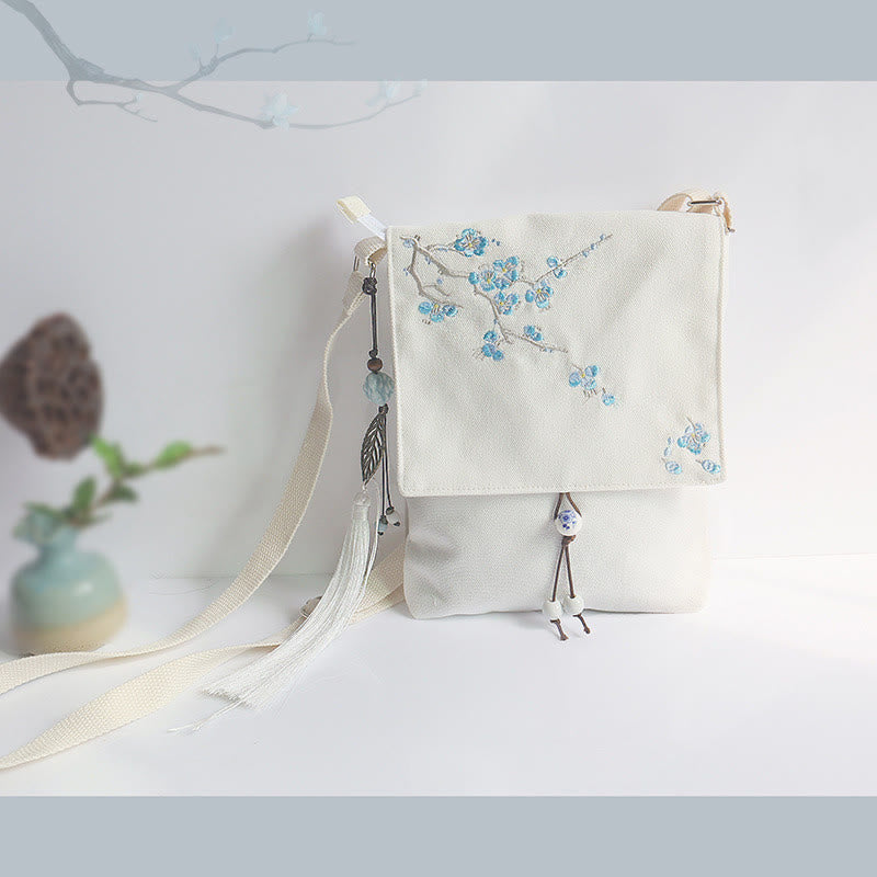 Handmade Embroidered Plum Flowers Canvas Crossbody Bag Shoulder Bag Handbag - Image 18