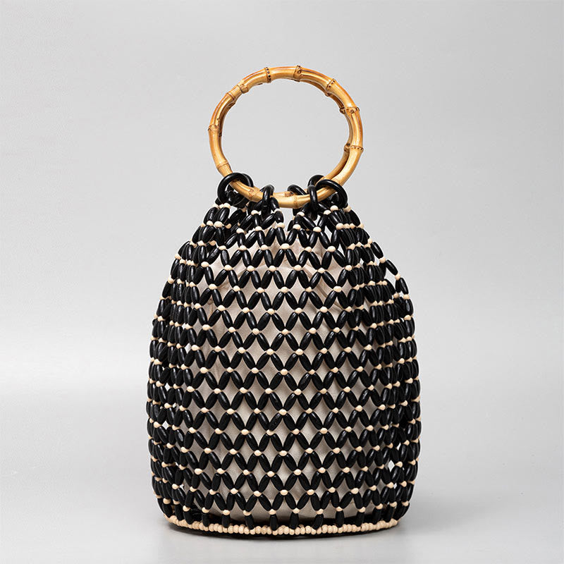 Hand-woven Wooden Beads Bamboo Handle Shoulder Bag Handbag - Image 7