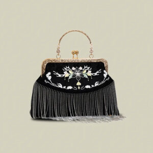 Floral Embroidered Vintage Black Evening Bag with Tassel