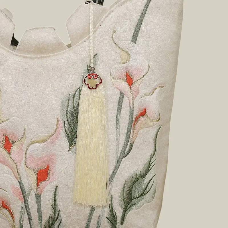 Calla Lily Embroidered Tote Bag with Vintage Green Acrylic Handle - Image 5