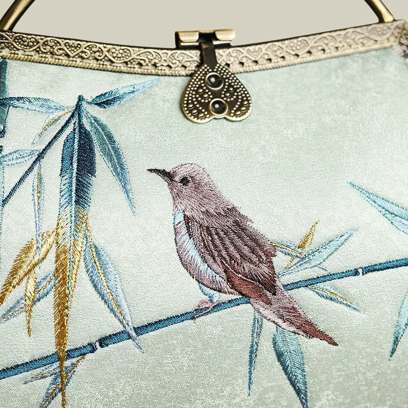 Magpie and Bamboo Leaf Embroidered Handbag with Metal Handle - Image 8