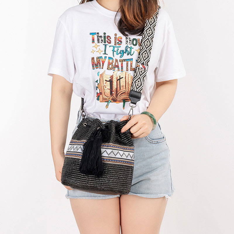 Beach Geometry Straw Woven Bucket Tassels Crossbody Bag Shoulder Bag - Image 15