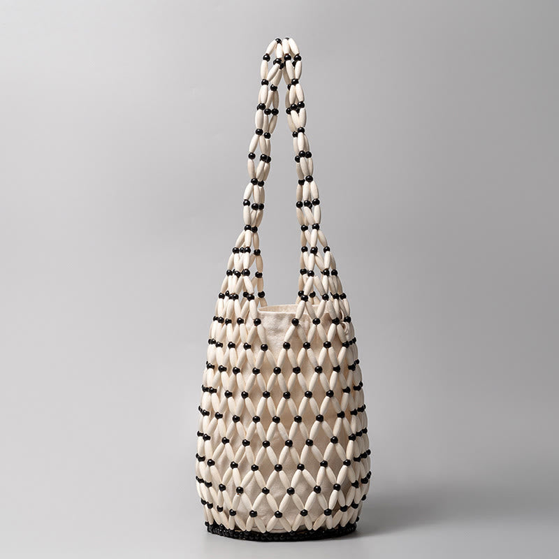 Hand-woven Wooden Beads Bucket Shoulder Bag Handbag - Image 13