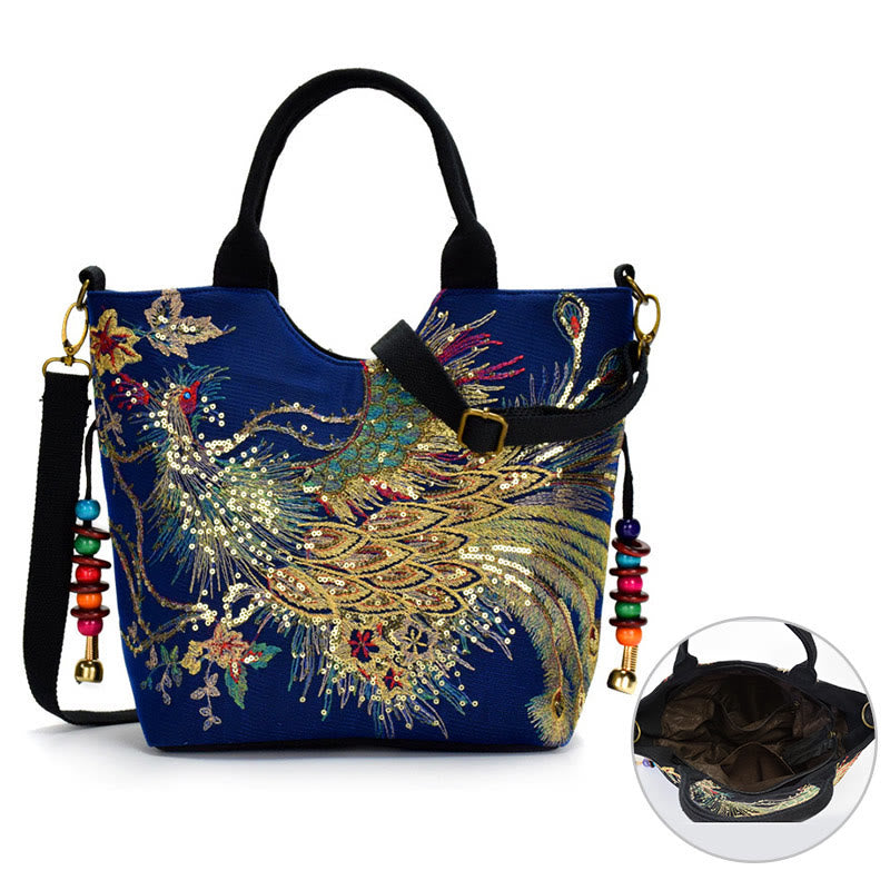 Peacock Double-sided Embroidery Tote Bag Shoulder Bag Crossbody Bag - Image 2