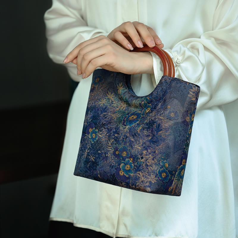 Peony Flower Bamboo Leaves Bird Solid Wood Handle Handbag - Image 14