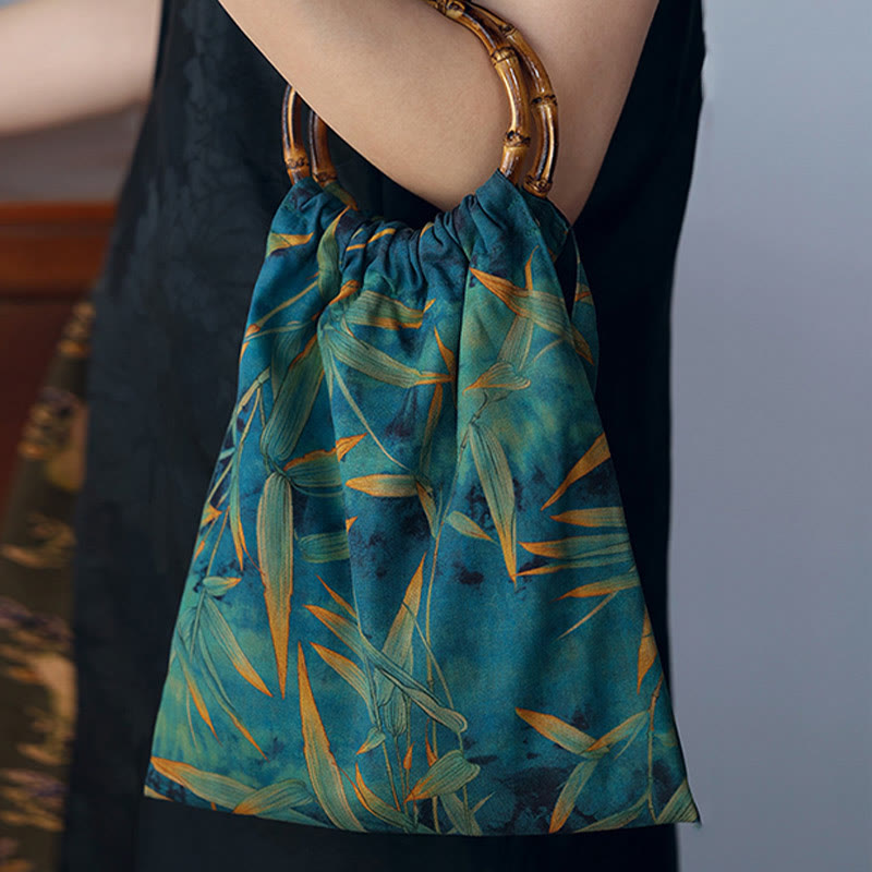 Blue Green Bamboo Leaves Bamboo Handles Handbag - Image 3