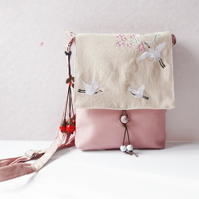 Handmade Embroidered Plum Flowers Canvas Crossbody Bag Shoulder Bag Handbag - Image 11