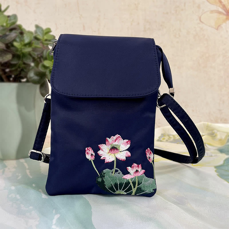 Waterproof Handmade Embroidered Lotus Flowers Crossbody Bag Shoulder Bag Cellphone Bag - Image 3