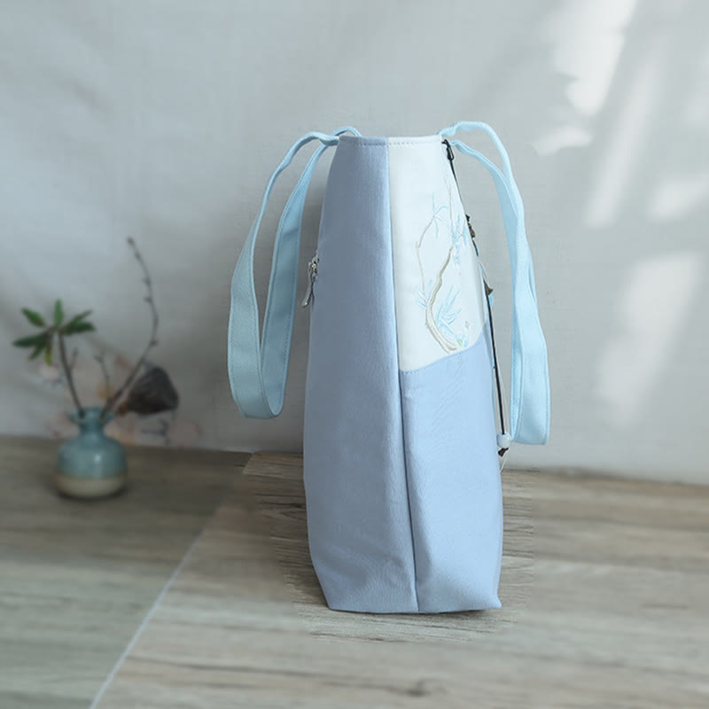 Pear Flower Plum Peach Blossom Bamboo Embroidery Canvas Large Capacity Shoulder Bag Tote Bag - Image 17
