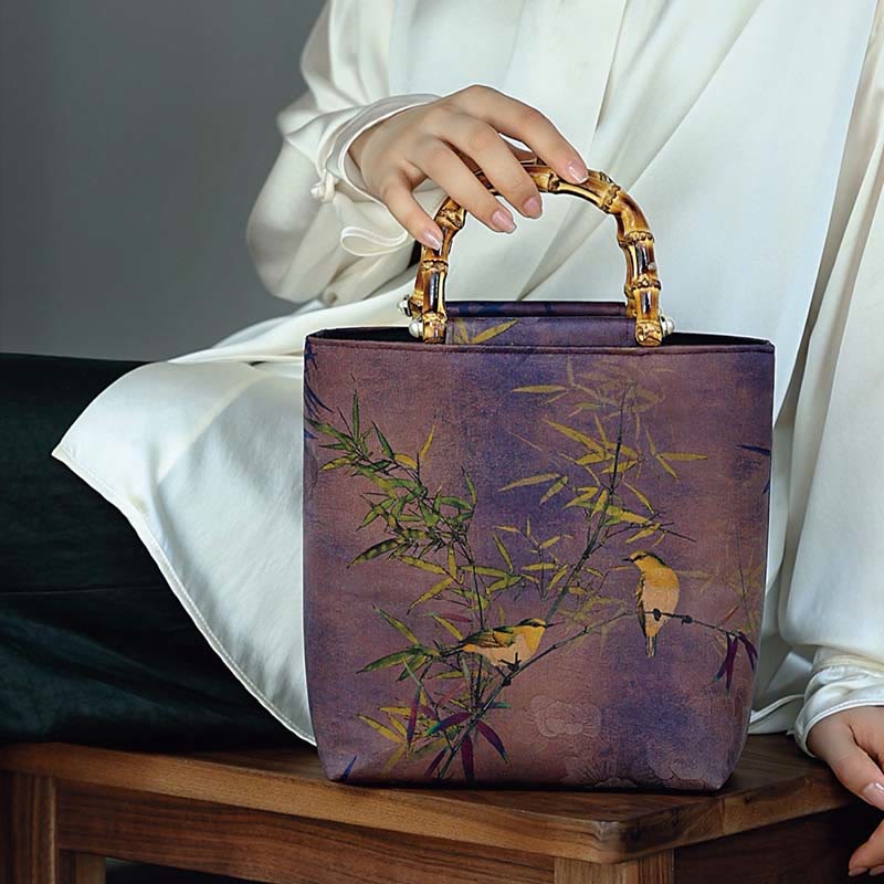 Purple Magpie Birds Branches Bamboo Handles Handbag - Image 15