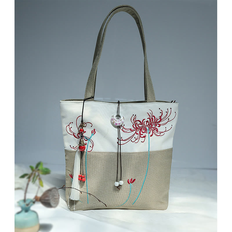 Pear Flower Plum Peach Blossom Bamboo Embroidery Canvas Large Capacity Shoulder Bag Tote Bag - Image 45