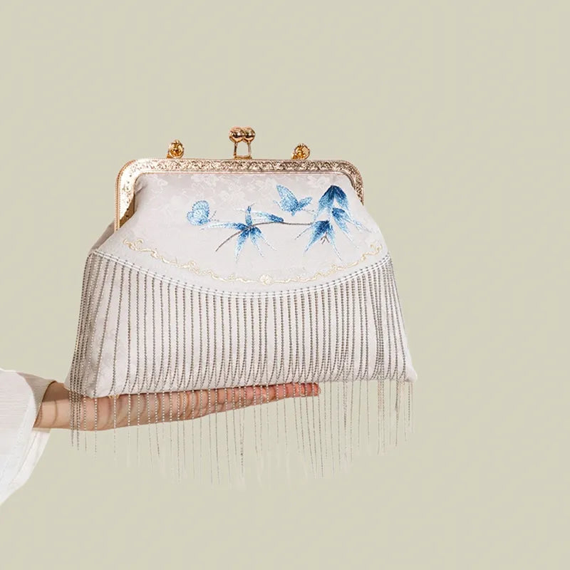 Butterfly Embroidered Tassel White Evening Bag - Image 5