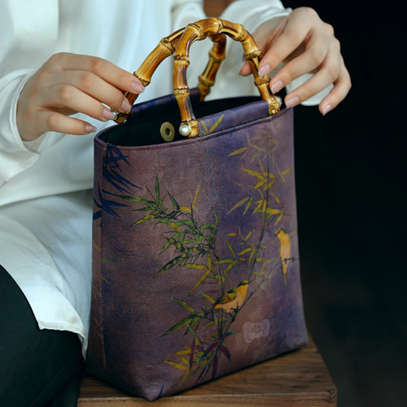 Purple Magpie Birds Branches Bamboo Handles Handbag - Image 16