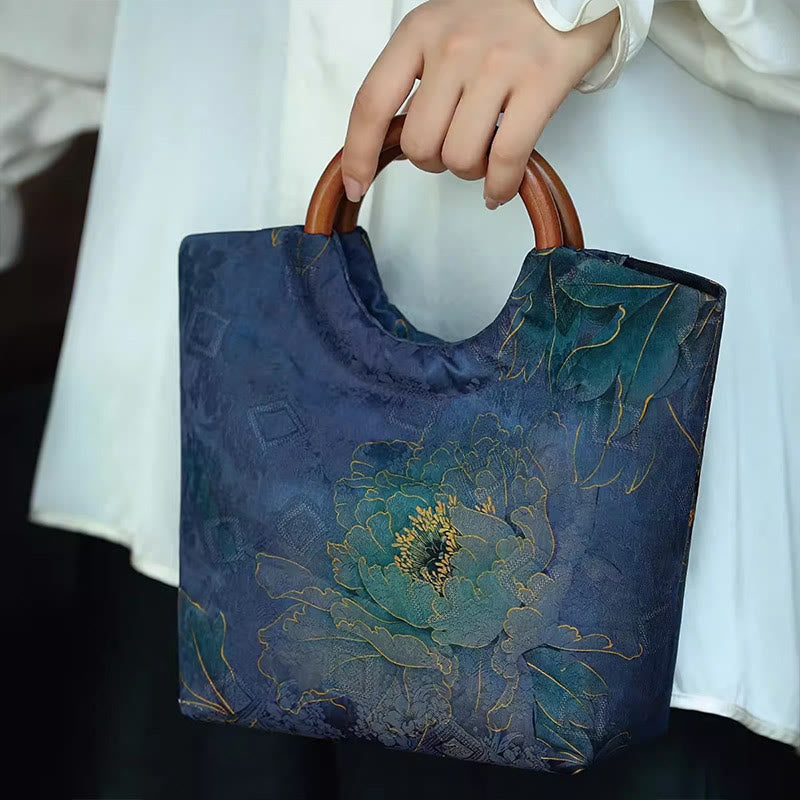 Peony Flower Bamboo Leaves Bird Solid Wood Handle Handbag - Image 8