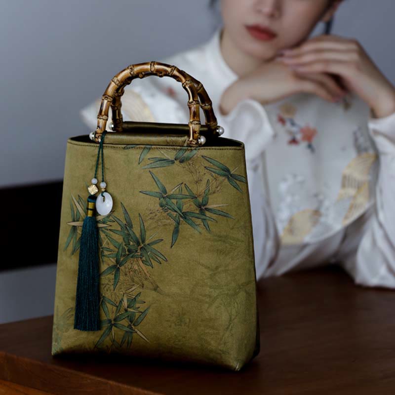 Yellow Green Bamboo Leaves Bamboo Handles Handbag - Image 9