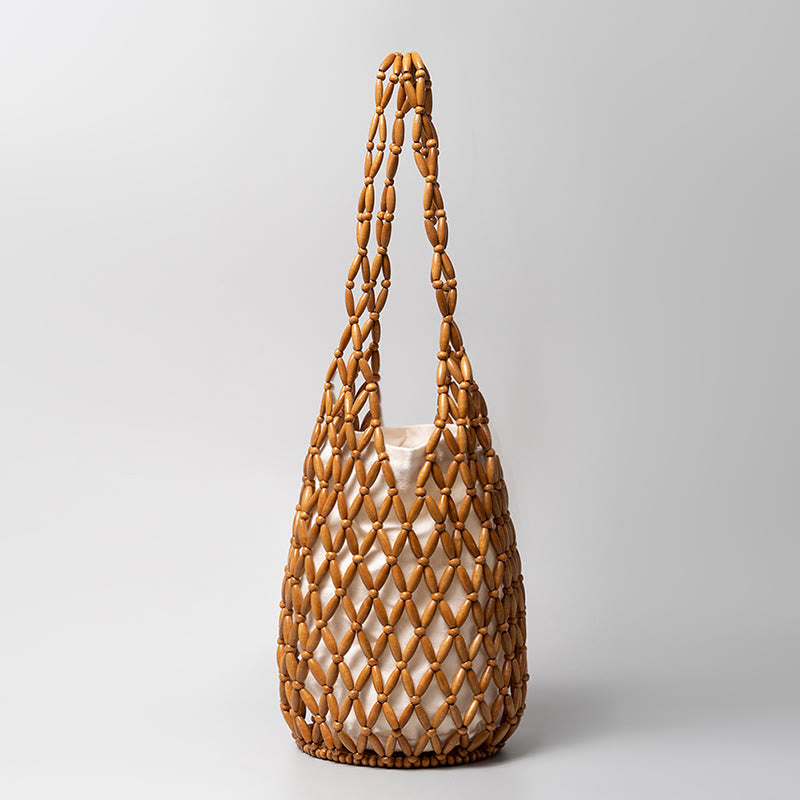 Hand-woven Wooden Beads Bucket Shoulder Bag Handbag - Image 11