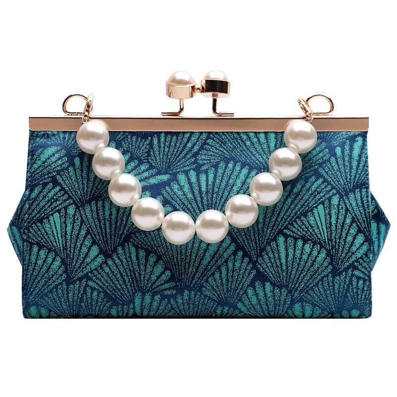 Vintage Peacock Blue Leaf Pattern Pearl Metal Handbag - Image 11