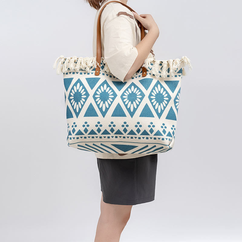 Large Capacity Boho Geometry Print Tassel Canvas Tote Shoulder Bag - Image 5