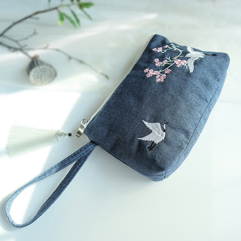 Small Flower Plum Cherry Crane Peach Blossom Embroidery Canvas Wallet Shopping Purse - Image 18