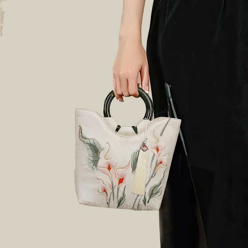 Calla Lily Embroidered Tote Bag with Vintage Green Acrylic Handle - Image 6