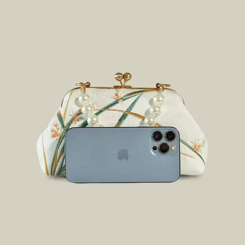 Orchid Bloom Embroidered Kiss-Lock Handbag with Pearl Handle - Image 14
